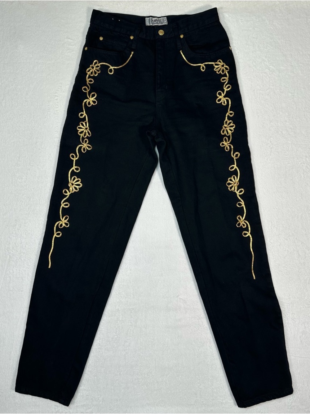 VTG 90s Basic Blues High Waisted Black Jeans‎ Gold Floral Embroidery Size 9 Mom